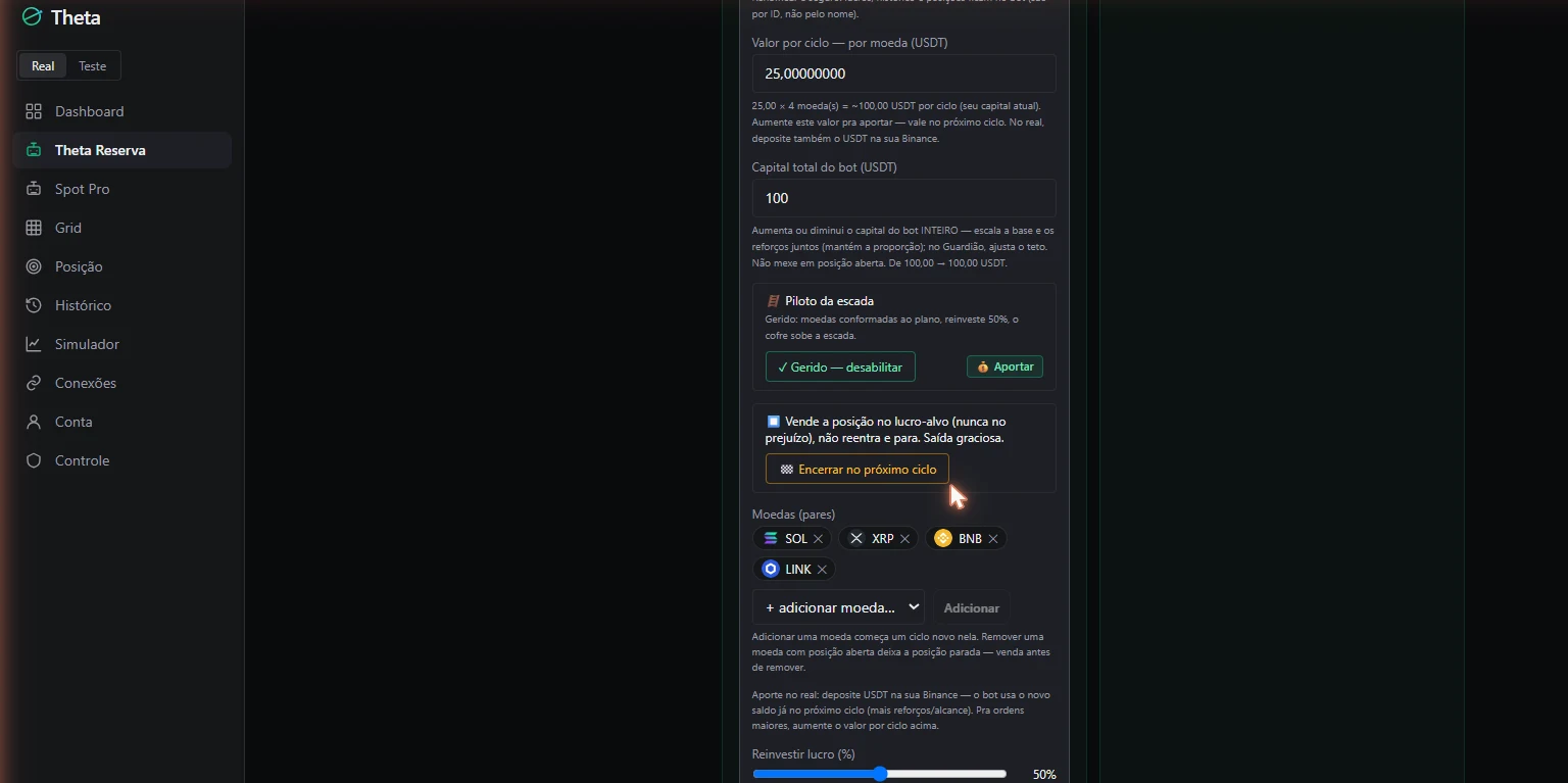 Painel Editar do bot: Piloto da escada gerido, com o botão Aportar.