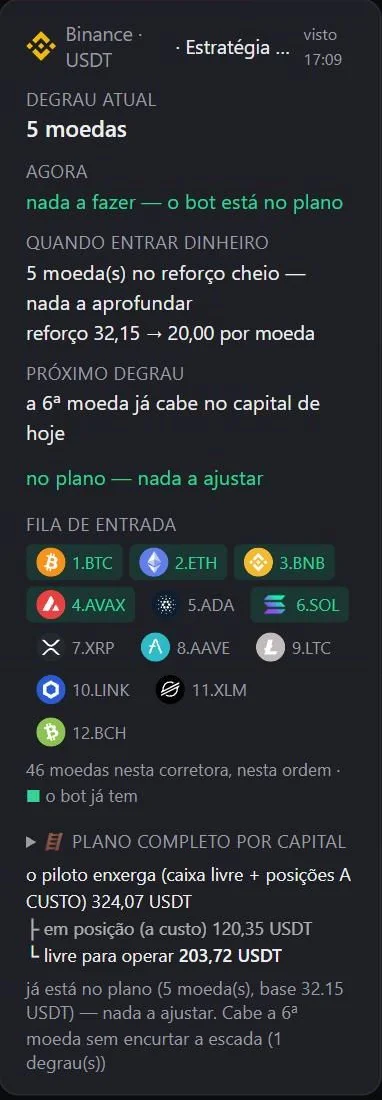 Pilot's Plan on Sep 18, 2026, Binance/USDT: current step 5 coins, public entry queue (BTC, ETH, BNB, AVAX, ADA, SOL…) and the capital reading — 324.07 total, 203.72 free to operate.