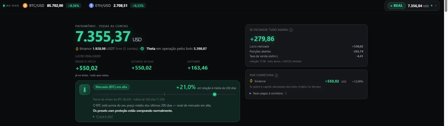 Dashboard da conta do sócio: patrimônio, lucro realizado e resultado por corretora.