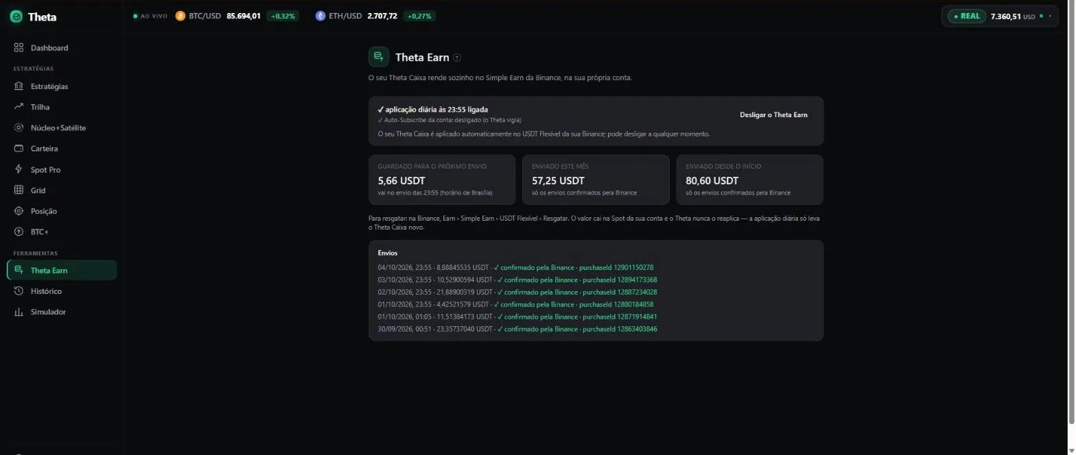 Theta Earn na conta do sócio: envios confirmados pela Binance.